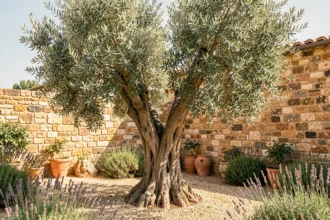 Olivier mature planté près d'un mur en pierre dans un jardin méditerranéen ensoleillé avec sol drainant et lavande