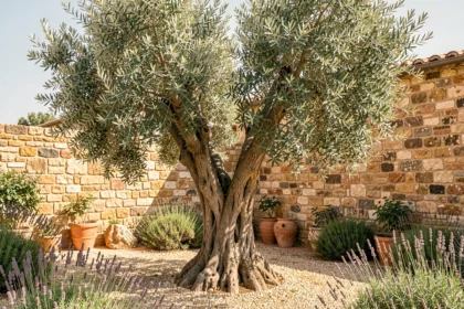 Olivier mature planté près d'un mur en pierre dans un jardin méditerranéen ensoleillé avec sol drainant et lavande