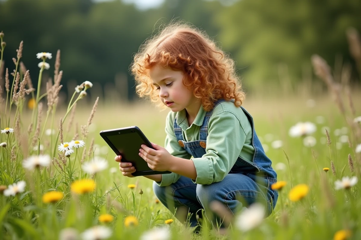 Jeune fille utilisant une application d'identification de fleurs sur tablette dans un pré fleuri au printemps