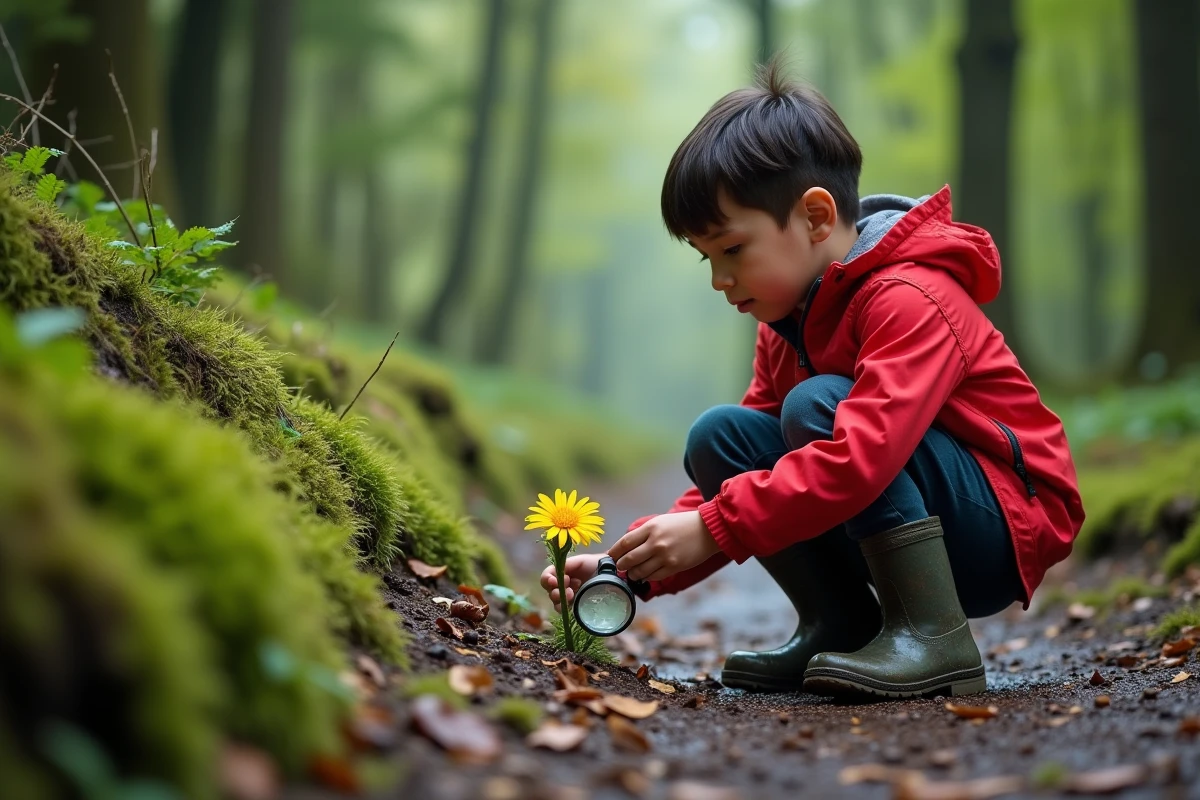 Jeune garçon examinant une fleur de bouton d'or avec une loupe sur un sentier forestier