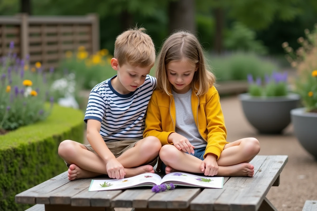 Deux enfants comparant un guide botanique avec une tige de lavande dans un jardin botanique