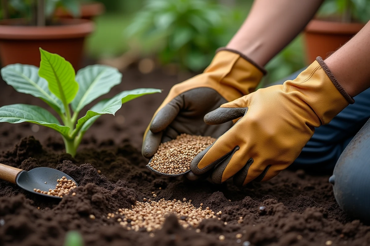 Mains de jardinier incorporant de l'engrais organique dans le sol autour d'un jeune bananier en pleine terre