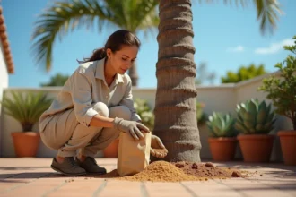 Femme appliquant de l'engrais granulaire au pied d'un grand palmier Washingtonia dans un jardin méditerranéen en terracotta