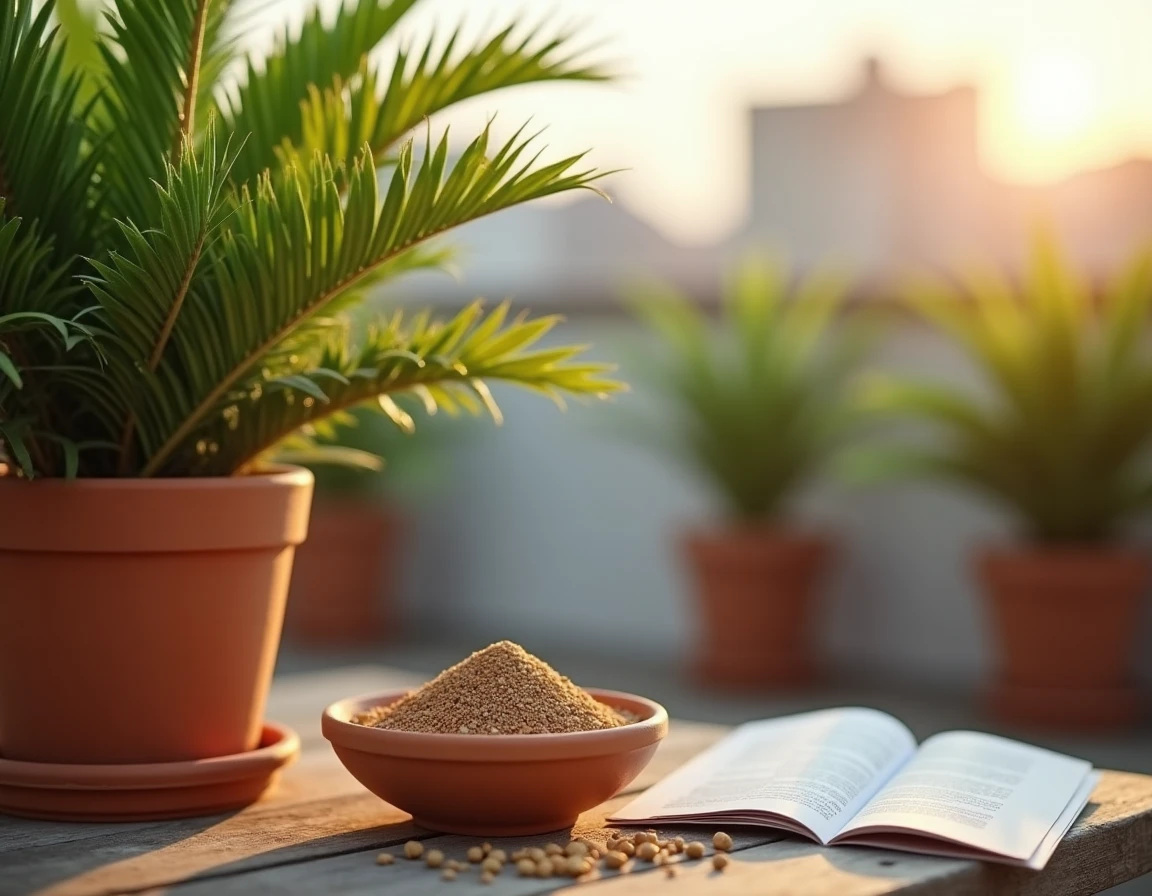 Gros plan sur des engrais à libération lente pour palmier en pot sur une terrasse ensoleillée avec feuilles de Phoenix canariensis