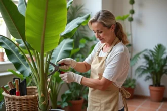 Femme entretenant un bananier d'intérieur en taillant ses feuilles mortes avec un sécateur dans un salon méditerranéen