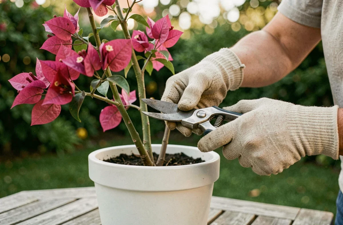 Jardinière taillant un bougainvillier en pot avec des cisailles, pour relancer la floraison et entretenir la plante