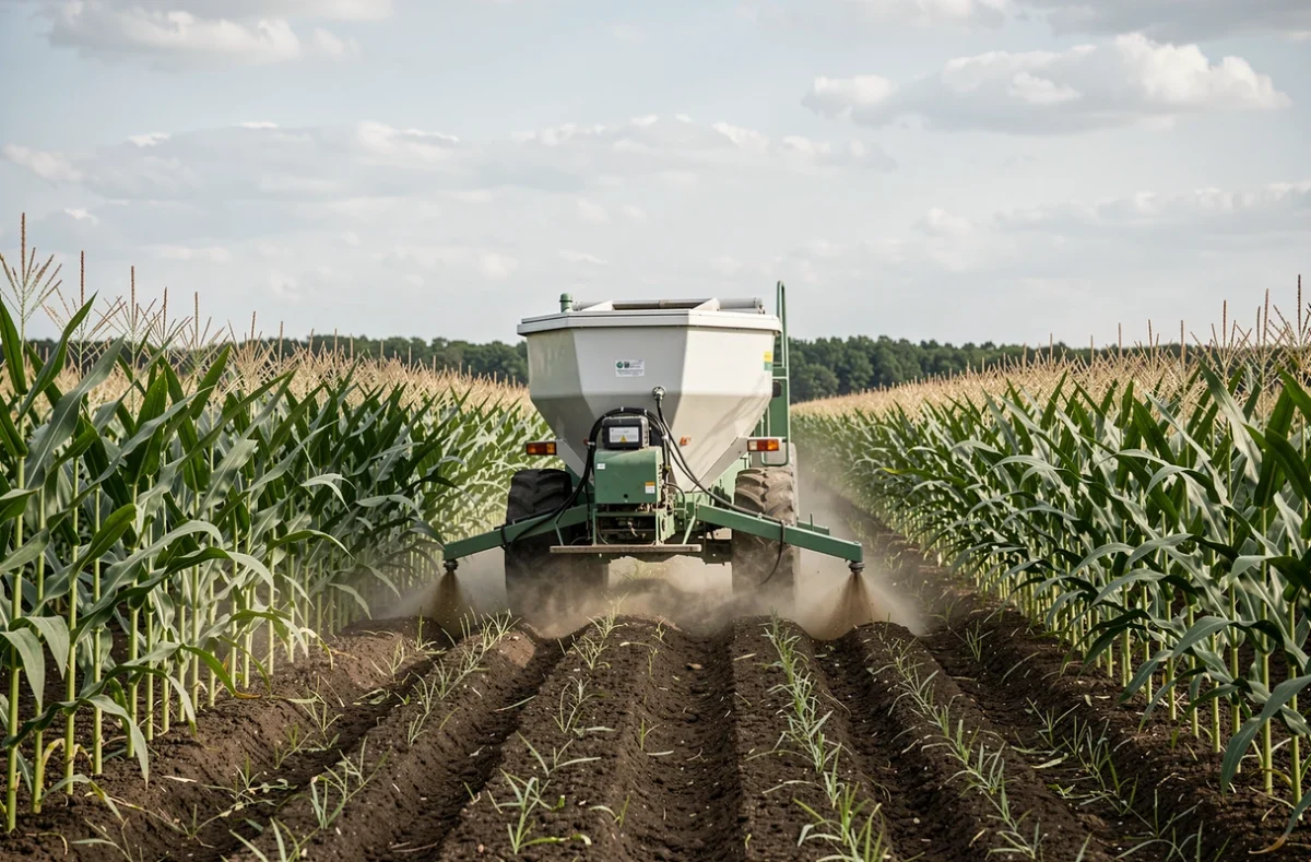 Épandeur agricole appliquant un engrais organique liquide Humonia sur des rangs de maïs en culture intensive durable