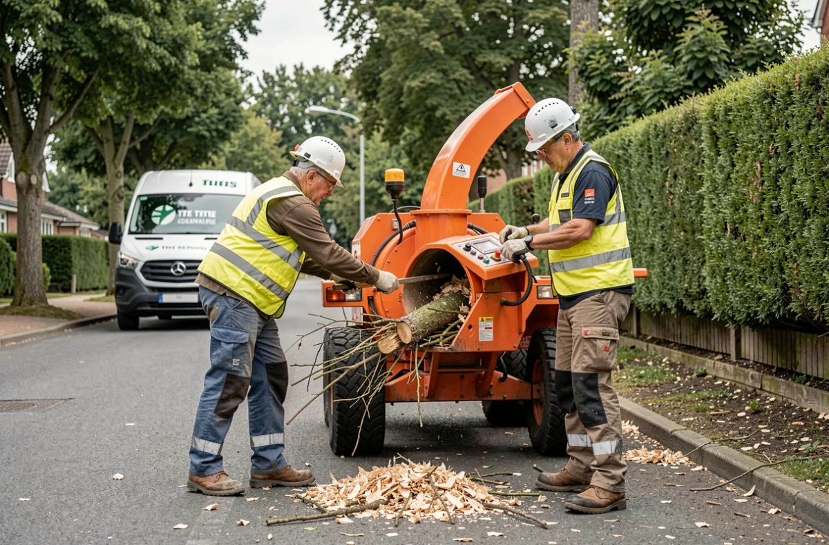 Équipe d'élagueurs utilisant un broyeur de branches sur une rue résidentielle lors d'une intervention professionnelle
