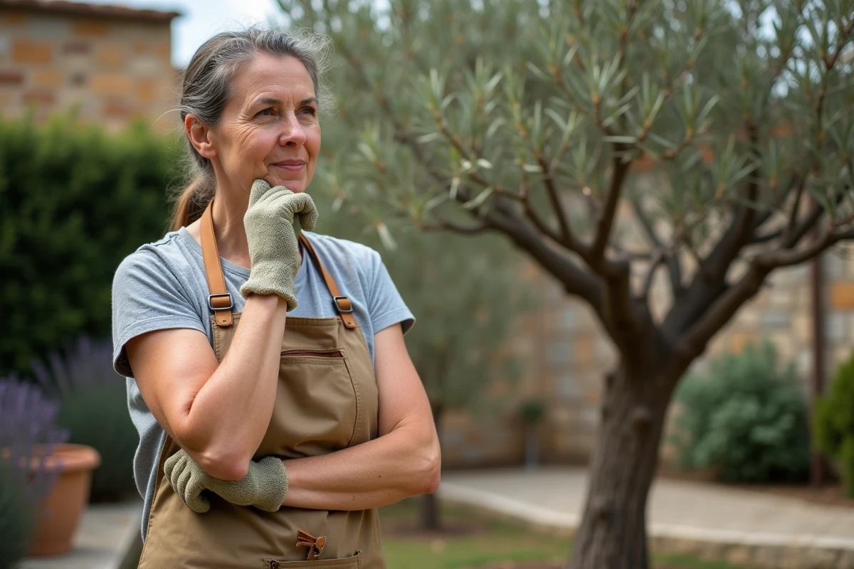 Femme jardinière évaluant la structure d'un olivier après une taille sévère dans un jardin provençal