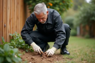 Technicien professionnel examine un nid d'abeilles dans un jardin