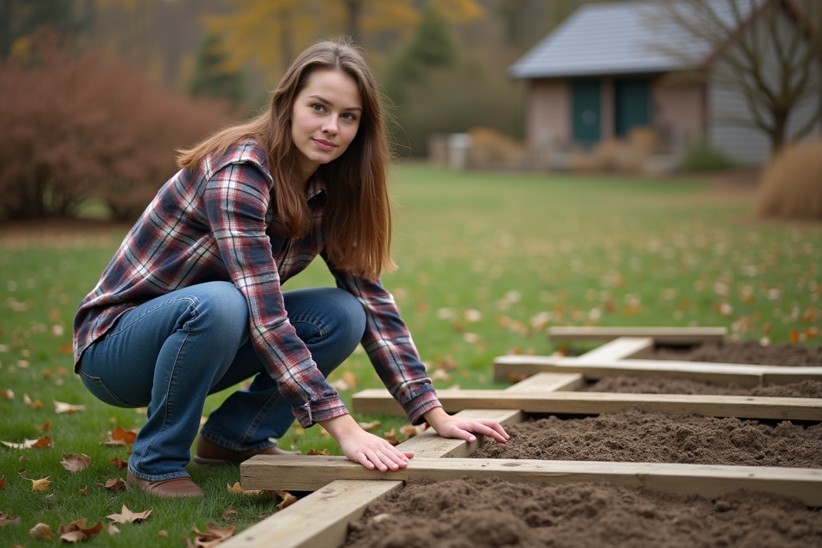 Jeune femme alignant des planches pour une clôture