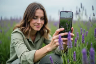 Femme utilisant une application de reconnaissance de fleurs sur smartphone dans une prairie de lavande