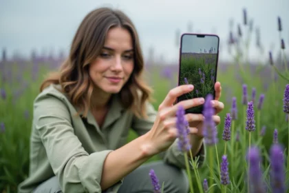 Femme utilisant une application de reconnaissance de fleurs sur smartphone dans une prairie de lavande