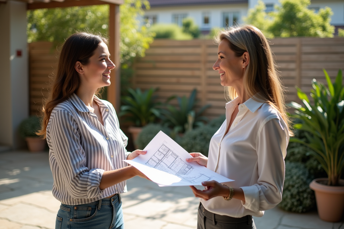Femme souriante discutant avec une professionnelle sur un terrasse