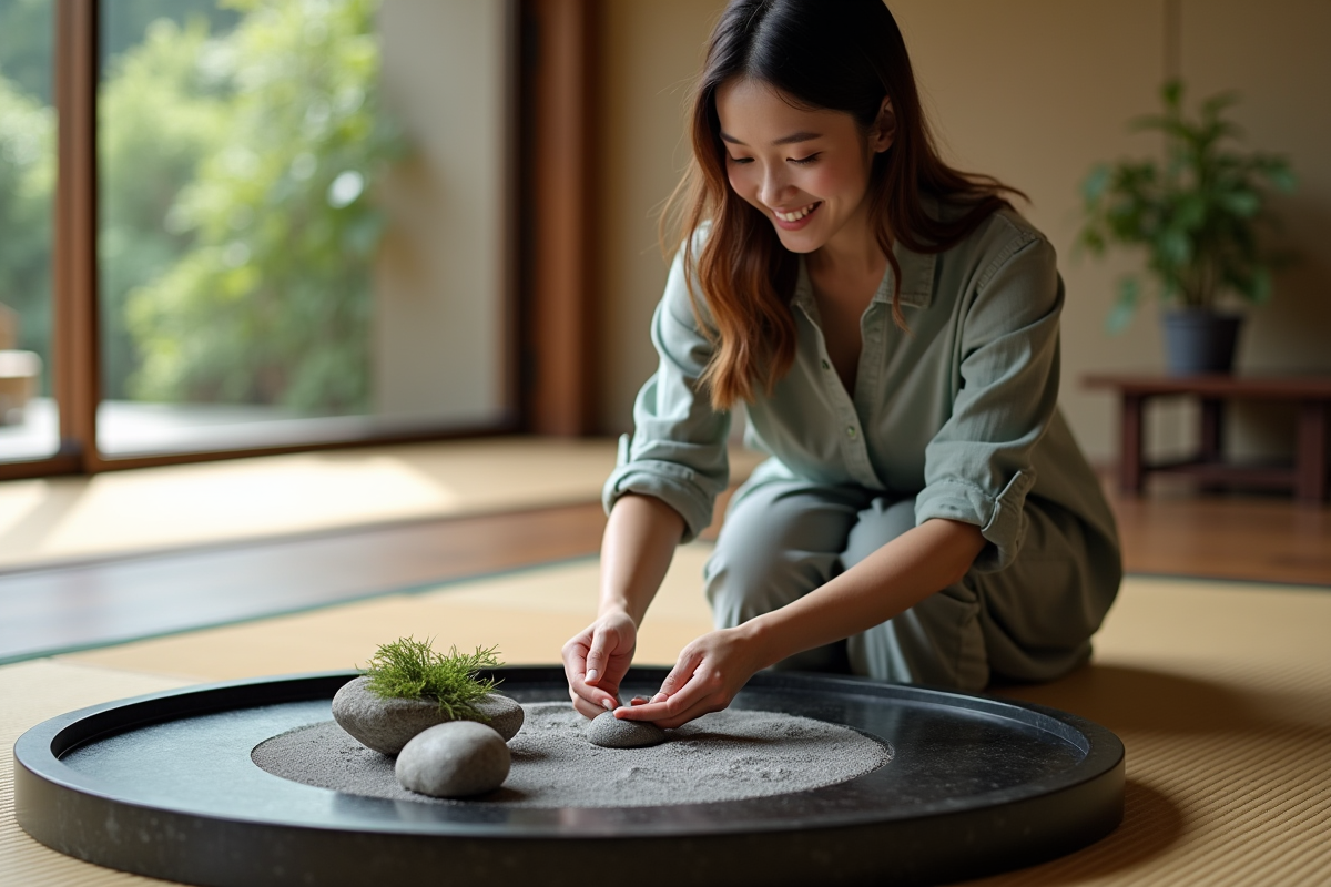 Jeune femme arrangeant du sable dans un intérieur japonais