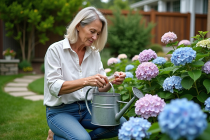 Femme versant du vinaigre sur des hortensias en jardin