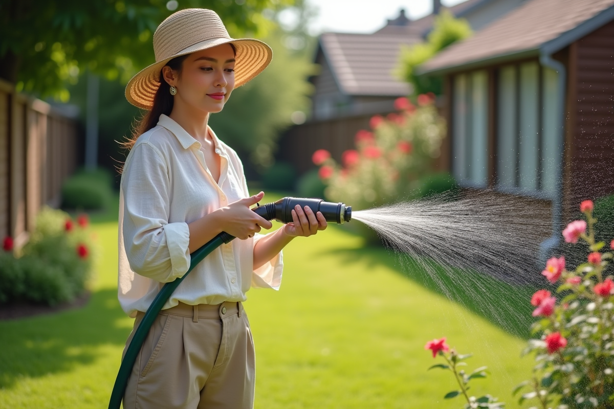 Femme arrosant un jardin fleuri avec un tuyau d