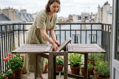 Jeune femme déployant une table sur un balcon urbain