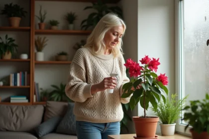 Femme inspectant des feuilles de bougainvillea dans un intérieur hivernal