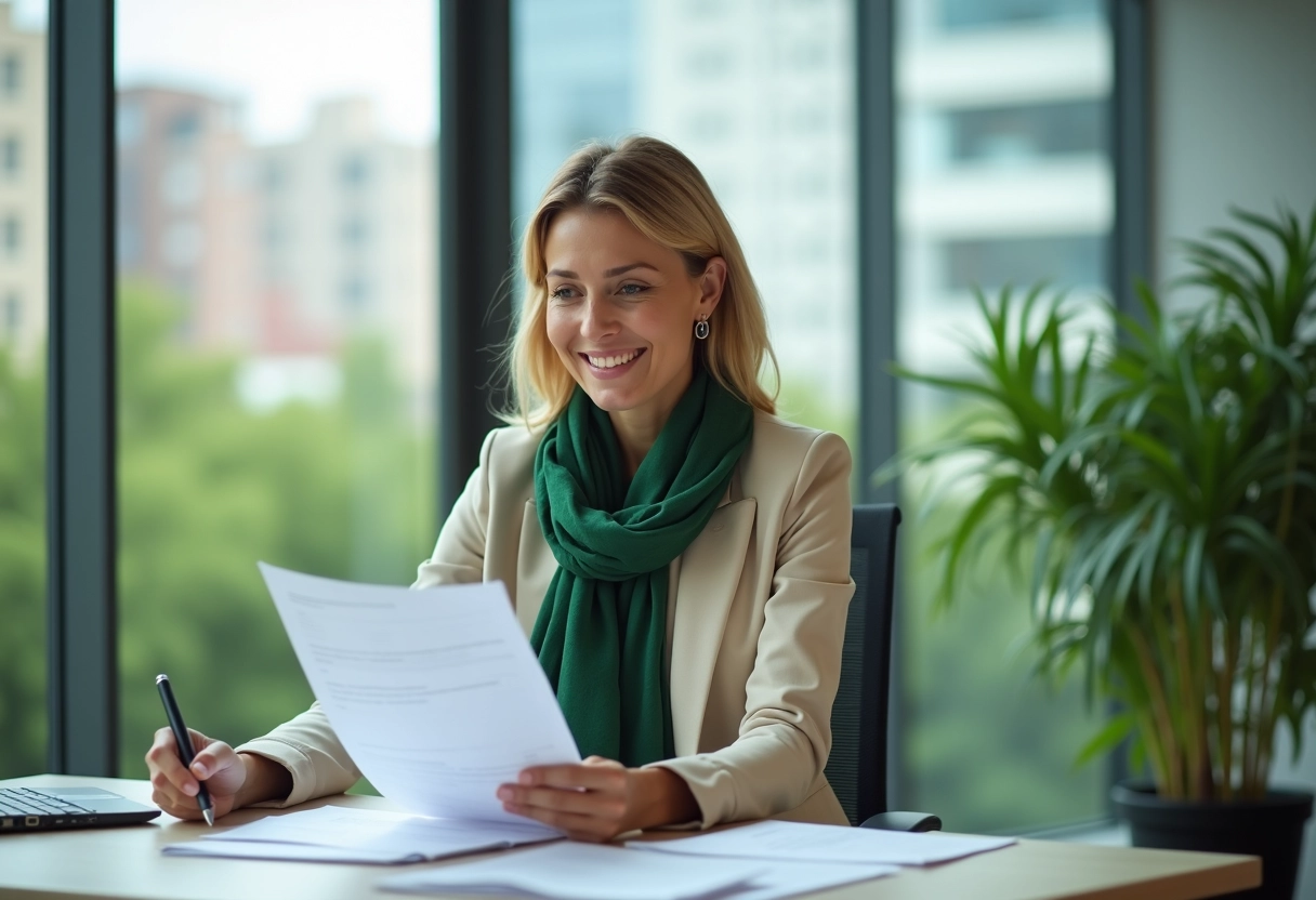 Femme d affaires lisant des documents au bureau