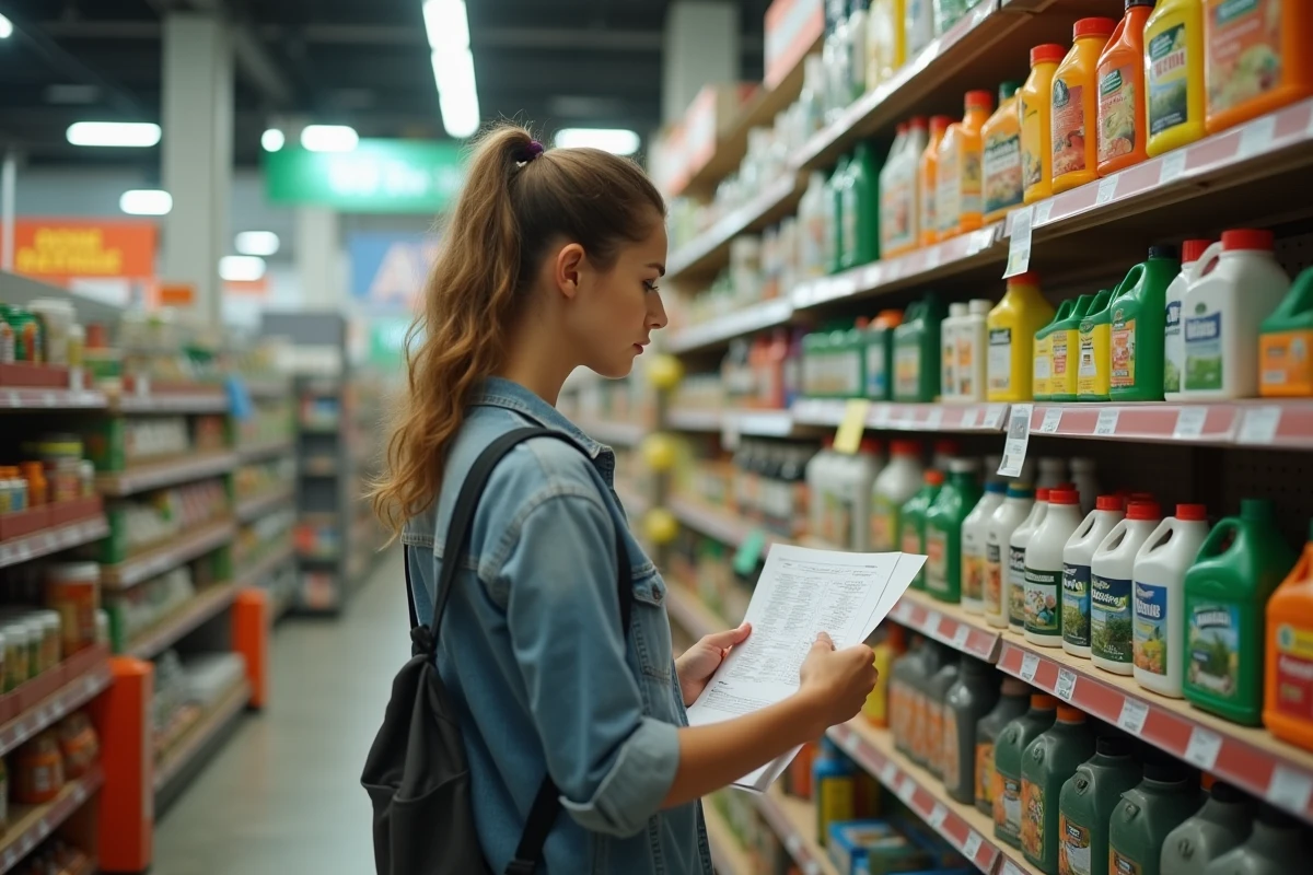 Jeune femme regardant des produits chimiques en magasin