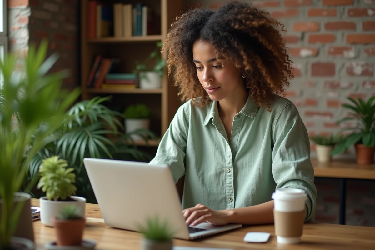 Jeune femme consultant le site Pousse-pousse.com sur un ordinateur portable dans un bureau écologique à domicile