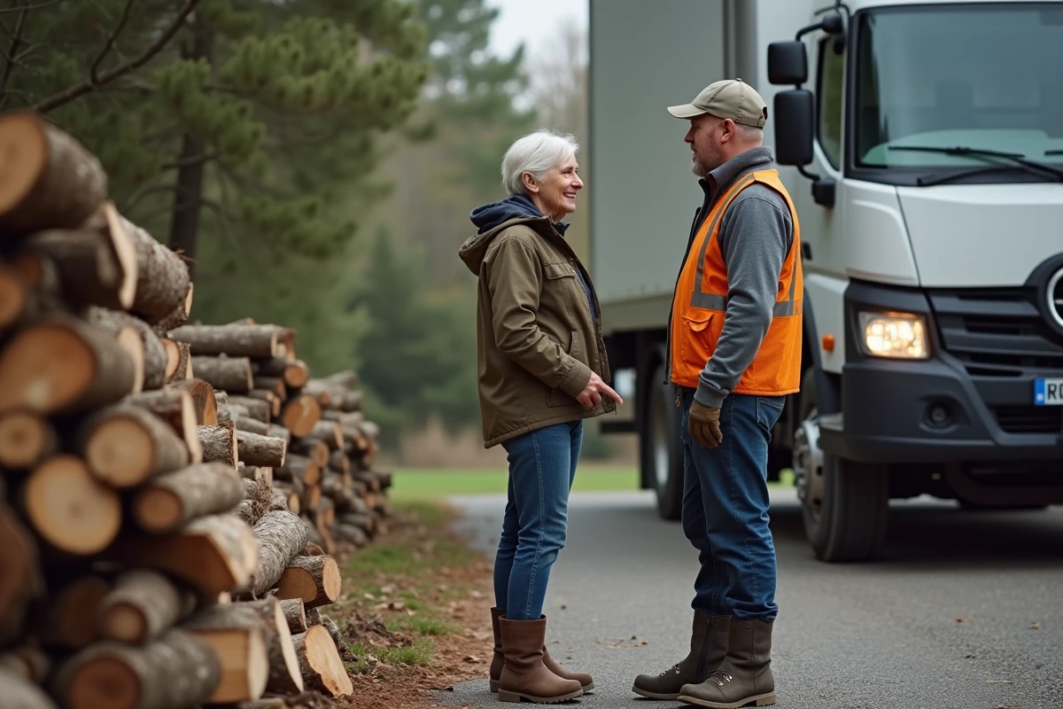 Femme discutant avec le livreur de bois à l