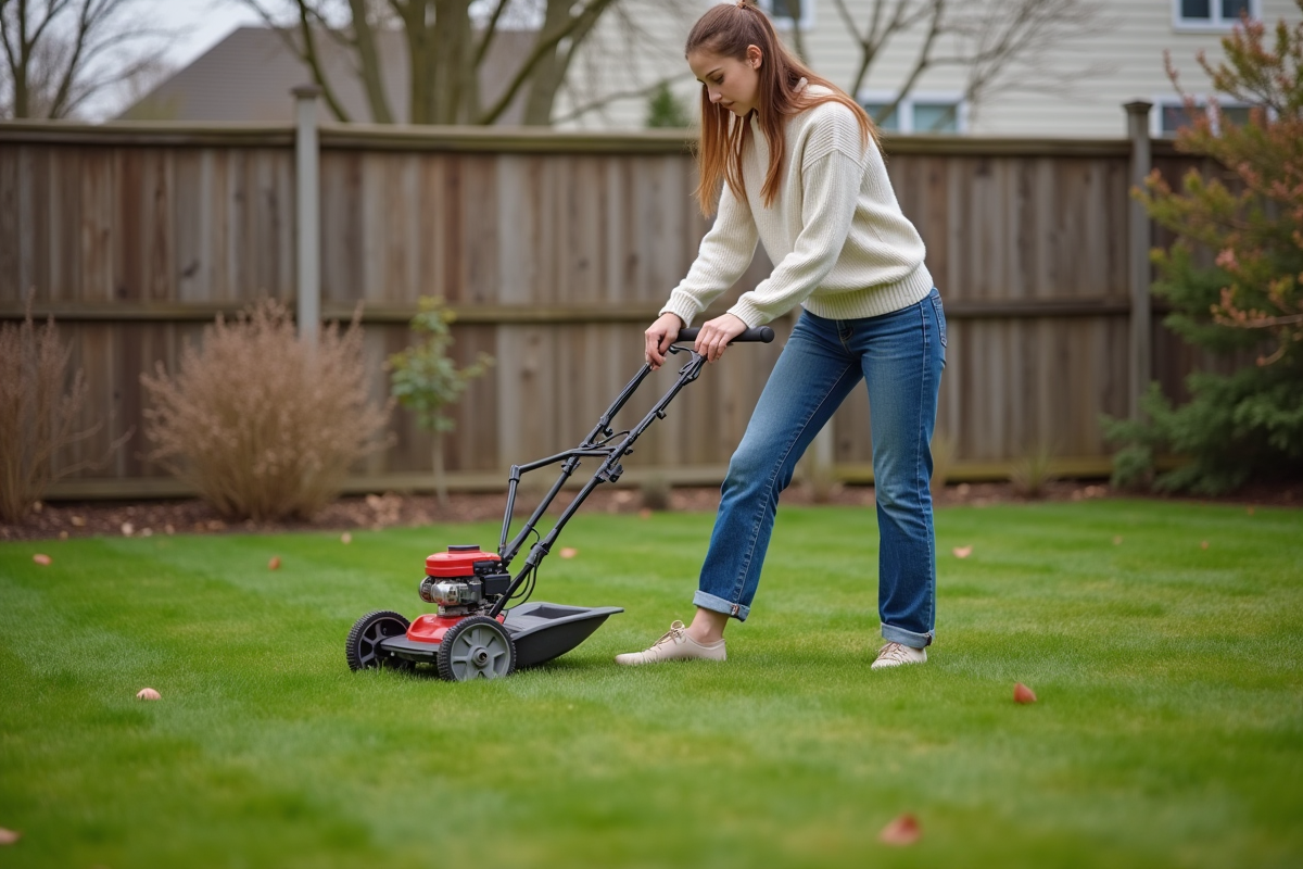 Jeune femme utilisant un aérateur de pelouse dans le jardin
