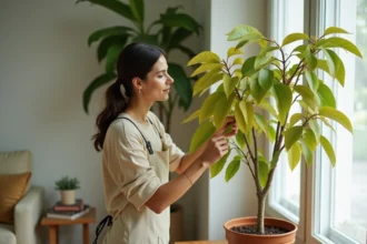 Femme examinant les feuilles jaunissantes d'un Ficus benjamina en pot près d'une fenêtre de salon
