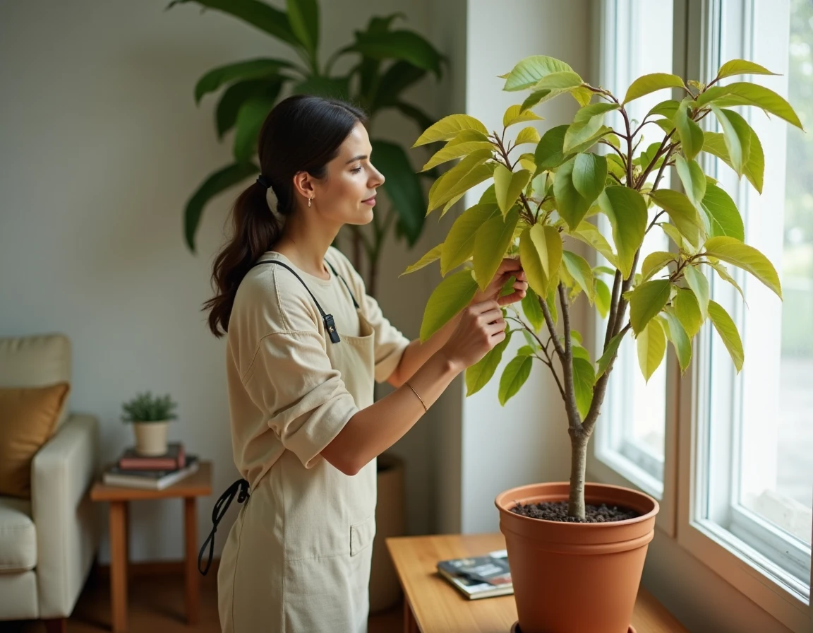 Femme examinant les feuilles jaunissantes d'un Ficus benjamina en pot près d'une fenêtre de salon