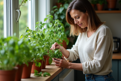 Femme cultivant des herbes aromatiques en intérieur