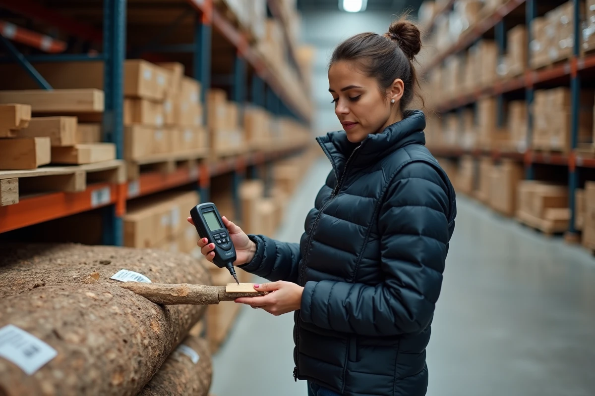 Femme utilisant un humidimètre pour vérifier le taux d'humidité d'une bûche de bois de chauffage achetée en palette