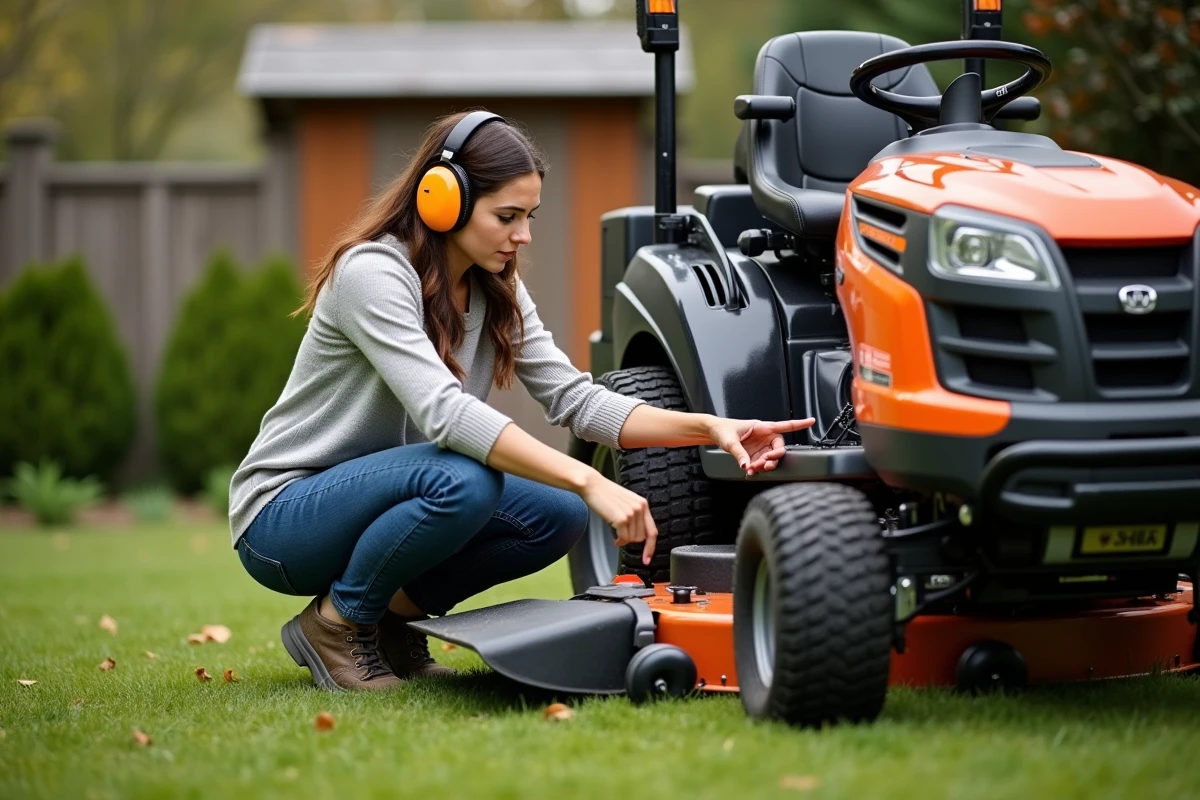 Jeune femme inspecte la tondeuse dans le jardin