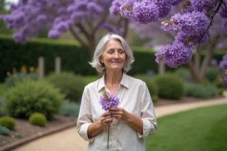 Femme dans un jardin avec jacaranda en fleurs violettes