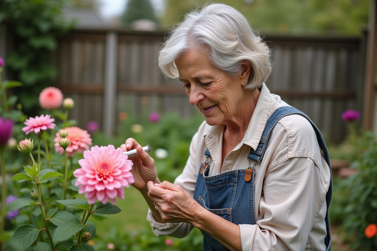 Femme jardinant inspectant une fleur en extérieur