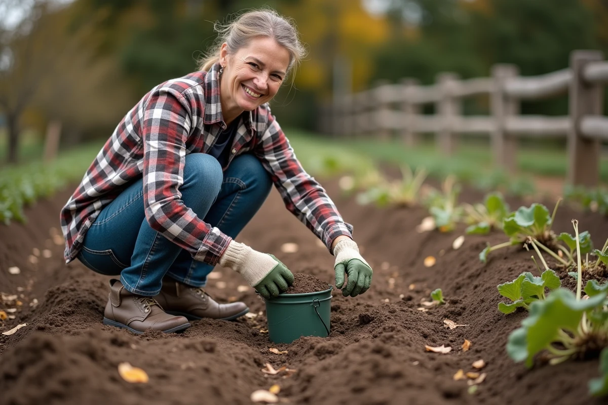 Femme distribuant de la chaux dans un jardin après récolte