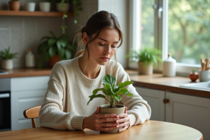 Femme examinant une plante en intérieur dans la cuisine