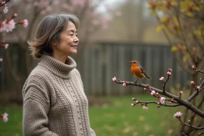 Femme dans un jardin printanier observant un rouge-gorge
