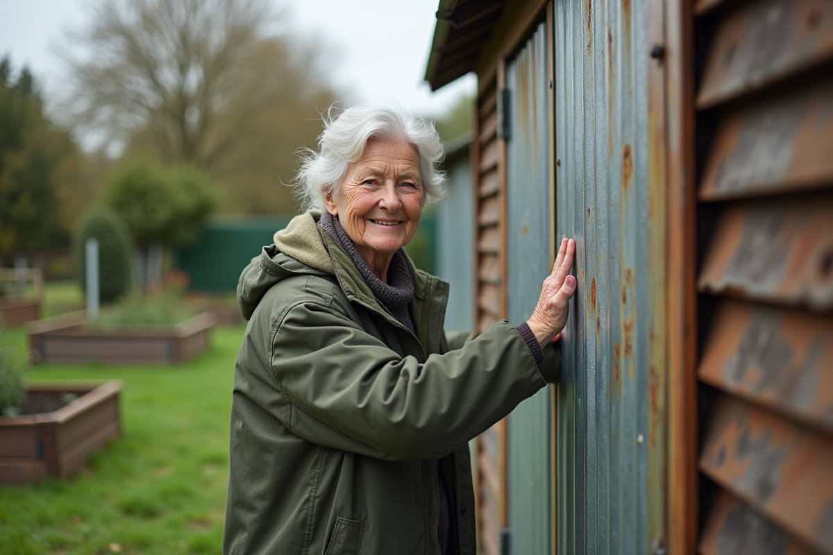 Femme retraitée souriante près d’un abri métallique dans un jardin