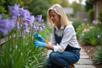 Femme en jardinage taillant des agapanthes dans un jardin