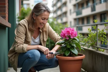 Femme inspectant un rhododendron sur balcon urbain