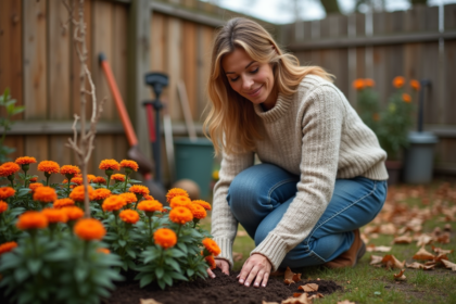 Femme plantant des chrysantèmes orange dans son jardin automnal