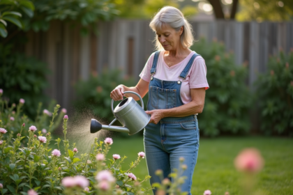 Femme en jardinage arrosant des fleurs ensoleillées