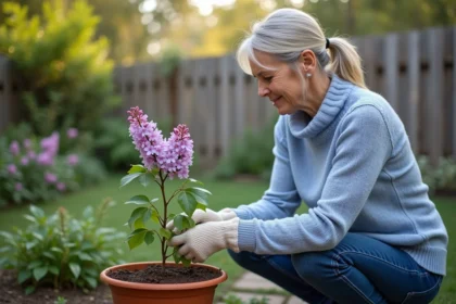Femme en pull bleu inspectant un lilas en pot dans le jardin