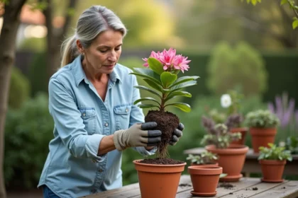 Femme en jardinage avec un rhododendron dans un jardin
