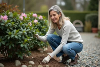 Femme en jeans et pull plantant du paillis autour d'un rhododendron