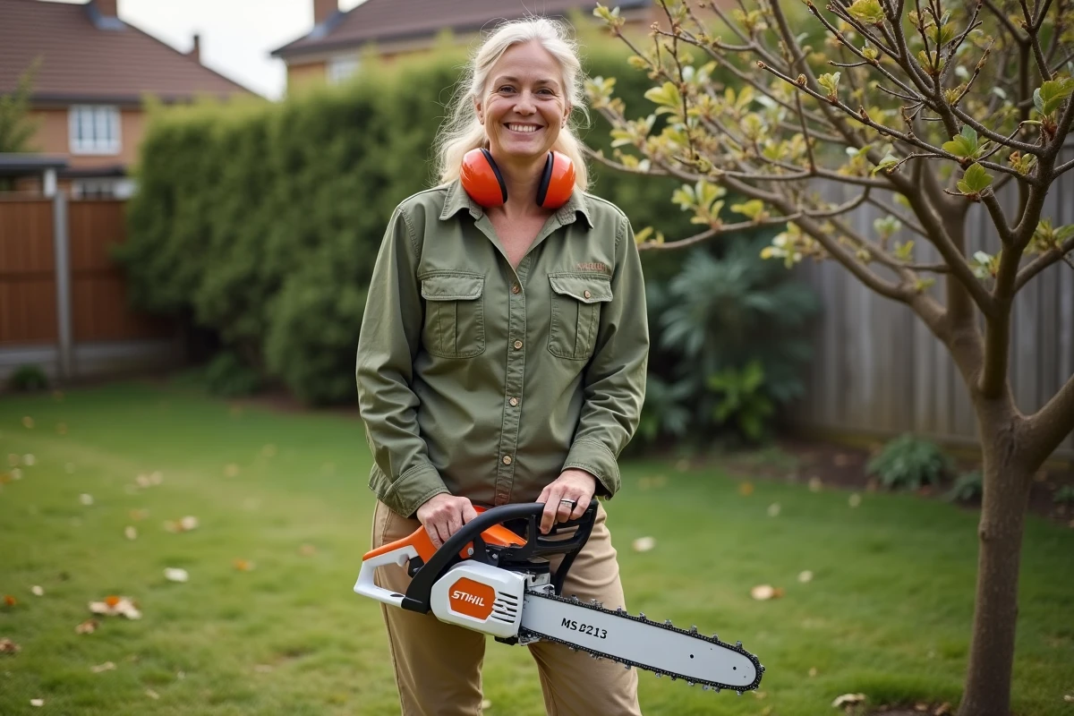 Femme entretenant son jardin avec une tronçonneuse STIHL MS 211 près d'un pommier taillé