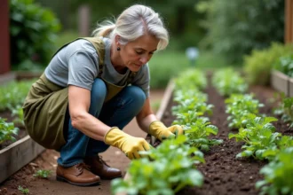 Femme jardiniÃ¨re examinant des mauvaises herbes dans un potager entre des rangs de tomates et de laitues
