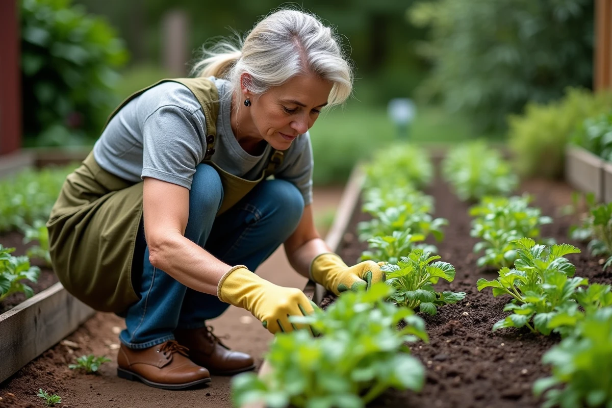 Femme jardiniÃ¨re examinant des mauvaises herbes dans un potager entre des rangs de tomates et de laitues