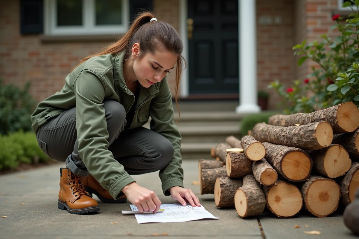 Jeune femme mesurant des bûches de bois dans un jardin